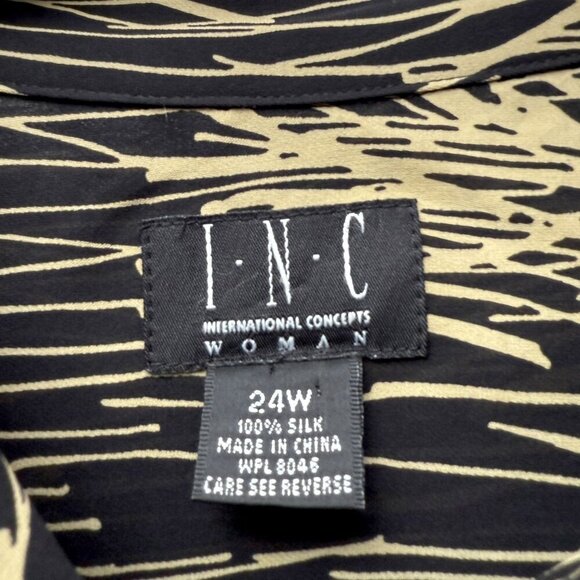 INC International Concepts 100% Silk Blouse Plus Size 24W Black Tan Long Sleeve - Picture 4 of 7
